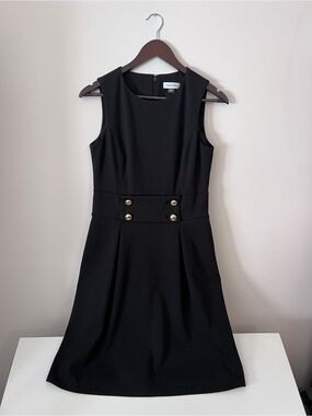 Calvin Klein Black Sleeveless Sheath Dress with Gold Buttons